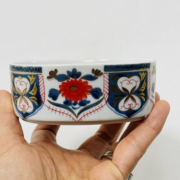 Ashibi Japan Trinket Box Dish 4” Porcelain Flower White Gold Red Storage Oval - Picture 1 of 10
